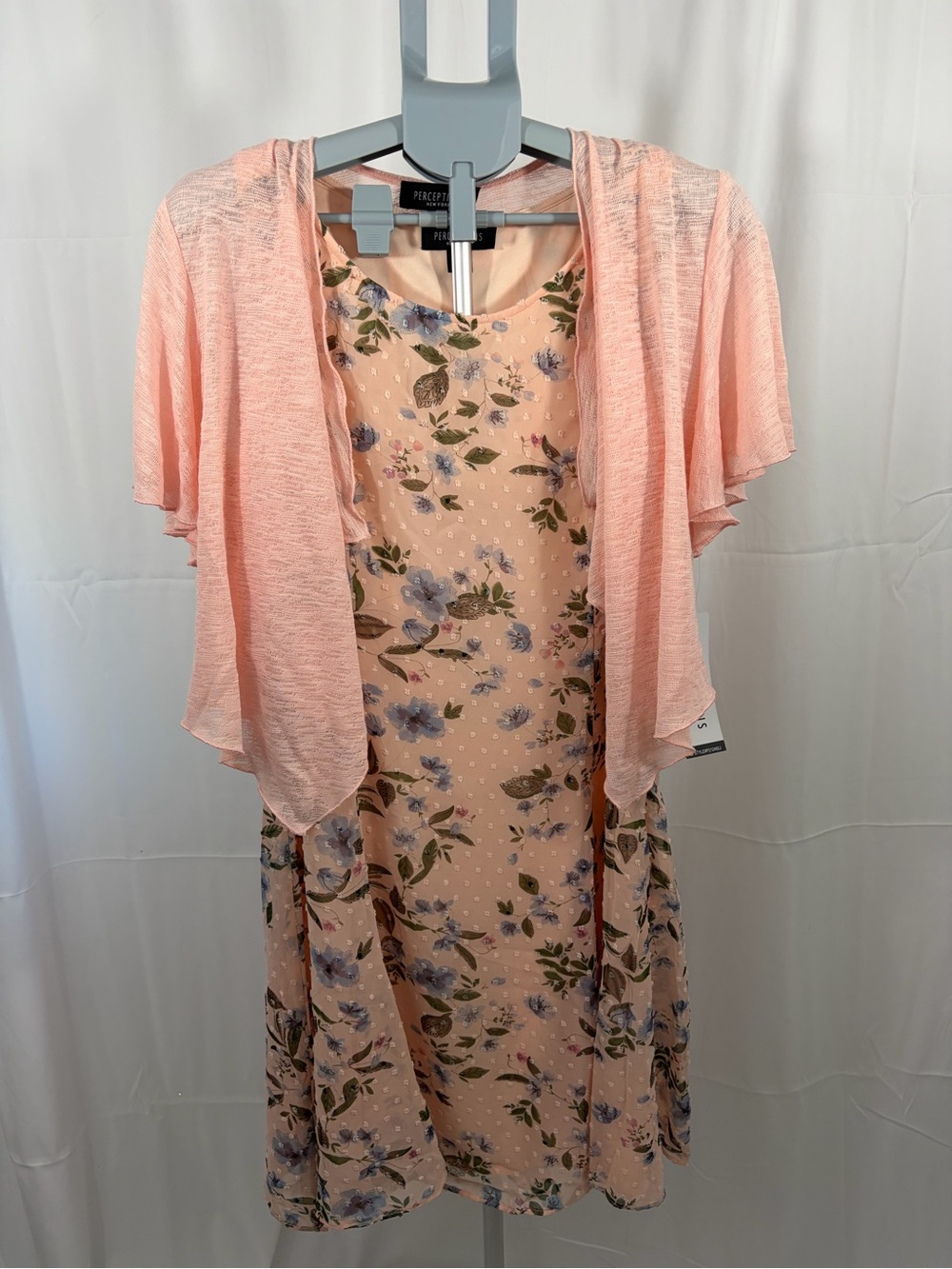 NWT Perceptions Women’s Size Large Peach Floral Layered Tank Dress with Shawl